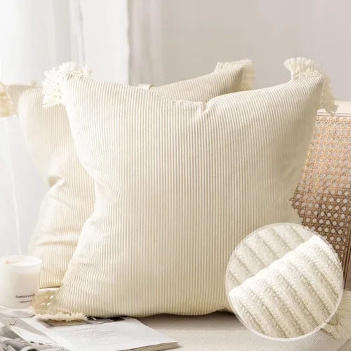 Vista 20 de Phantoscope Paquete de 2 fundas de almohada de pana suave para Halloween y otoño, decorativas de terciopelo a rayas con borlas de algodón, fundas