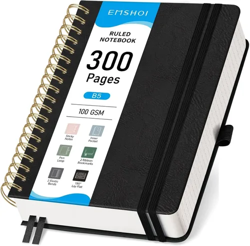 Vista 15 de EMSHOI Cuaderno con espiral de la universidad rayado, 300 páginas numeradas, A4 tapa dura grande de cuero, cuaderno rayado grueso de 100 g/m²