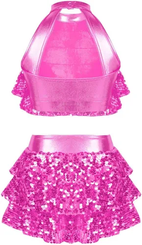 Vista 2 de Linjinx Conjunto de camiseta corta metálica de lentejuelas con falda para niñas y niñas, trajes de baile latino de jazz, 2 piezas, disfraz de baile