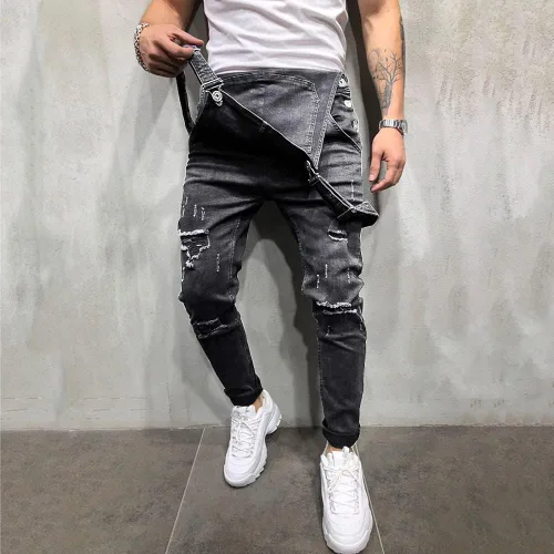 Vista 5 de Overol de mezclilla para hombre, con tirantes ajustables y bolsillos