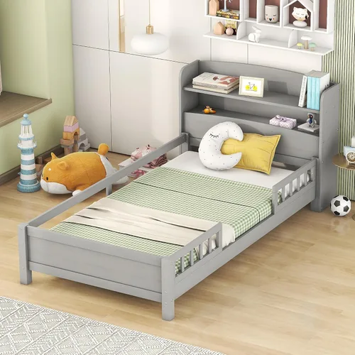 Vista 3 de SOFTSEA Base de cama de tamaño individual para niños, cama de plataforma con cabecera de almacenamiento y luz LED, marco de cama de plataforma