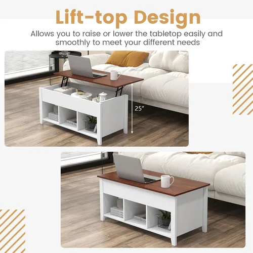 Vista 6 de Mesa auxiliar elevable, mesa de té moderna 2 en 1 con compartimento de almacenamiento oculto y 3 estantes de almacenamiento abiertos, mesa central