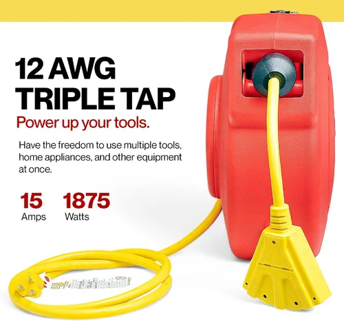 Vista 10 de Bobina de cable de extensión de servicio pesado Reelworks CR605131S3A, 12 AWG/3 C SJT, triple grifo, 40 pies