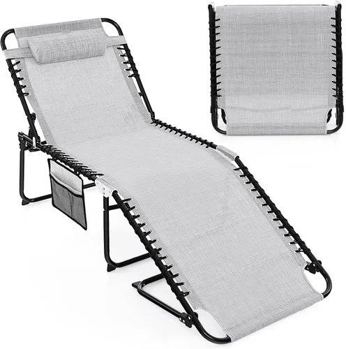Vista 16 de Goplus Tumbona para exteriores, silla plegable de 5 posiciones para playa, con almohada desmontable, bolsillo lateral, tumbona para tomar el sol