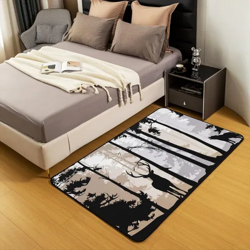 Vista 3 de Erosebridal Alfombra rústica de ciervo para niños y niñas, alfombra vintage con cuernos de alce de 3 x 5, alfombra de paisaje de árboles en acuarela
