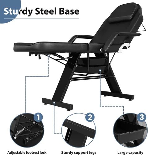 Vista 4 de Bigbiglife Cama de tatuaje de salón de masaje con cesta de belleza, cama de masaje profesional de 3 pliegues de altura ajustable para spa salón