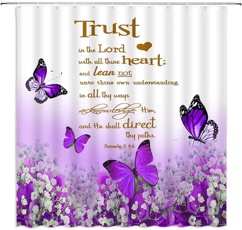 Vista 8 de GCTNBJL Cortina de ducha con cita inspiradora, diseño de mariposa y flores azules y verde azulado con texto en inglés "Trust in the Lord