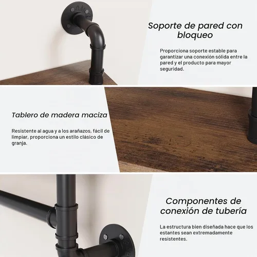 Vista 6 de Merapi Estantes flotantes industriales de 24 pulgadas con barra de torre, estantes de tubería para pared, estantes de pared de madera rústica de 3