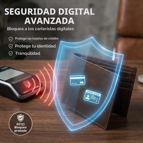 Vista 5 de Billetera plegable de cuero RFID premium para hombre Cuero de grano completo, protección RFID, Marrón (Chestnut Brown), Talla única, Minimalista