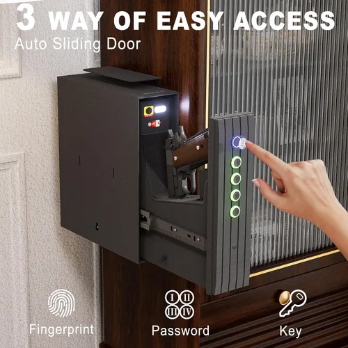 Vista 3 de SOULYI Caja fuerte biométrica para pistola, acceso rápido de 3 vías, puerta corredera automática, caja fuerte para pistola de mesita de noche