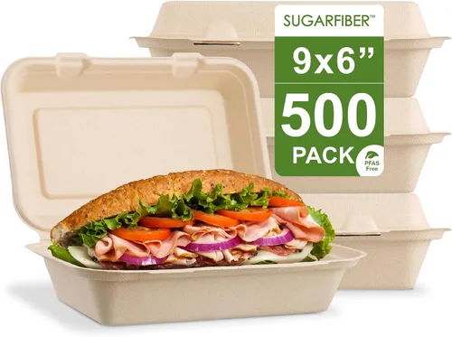 Vista 11 de [500 unidades] Fibra de azúcar por Harvest Pack PFAS FREE 6 x 6 pulgadas compostable Clamshell Recipientes de alimentos, contenedor con bisagras