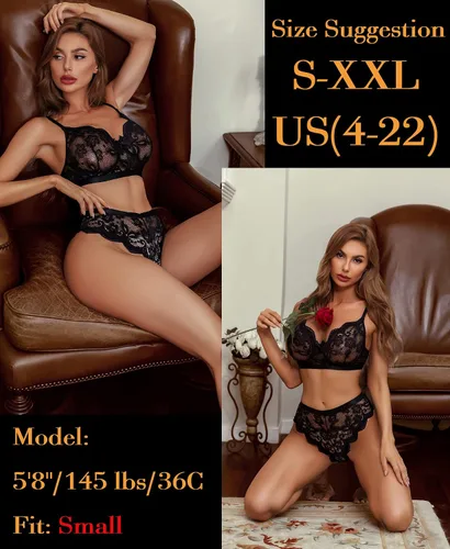 Vista 4 de KYLELOVE Conjunto de lencería para mujer, conjunto de brasier y bragas inalámbricos, trajes de boudoir de encaje