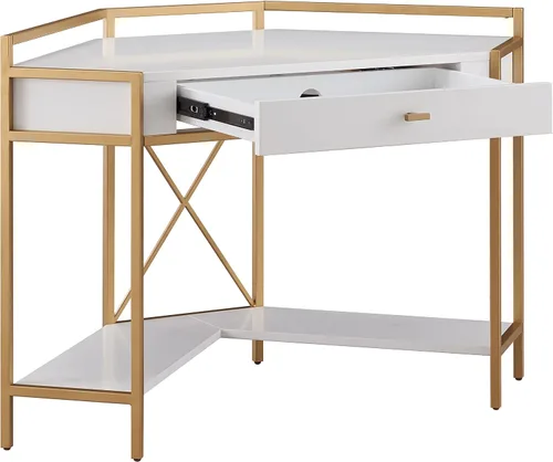 Vista 5 de Leick Home 9230-WTGL Claudette - Escritorio de oficina con esquina de metal y madera mixta con cajón frontal para teclado, blanco/dorado satinado