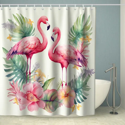 Vista 2 de Cortina de ducha con diseño de flamenco, diseño de animales románticos, hojas de palmera tropicales, verde salvia, floral, diseño natural, acuarela