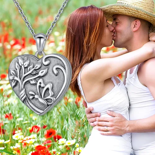 Vista 3 de DAOCHONG Tree of life Photo Locket Heart Shaped Locket Necklace That Holds 2 Pictures Photo Keep Someone Near to You Vintage Sterling Silver Heart