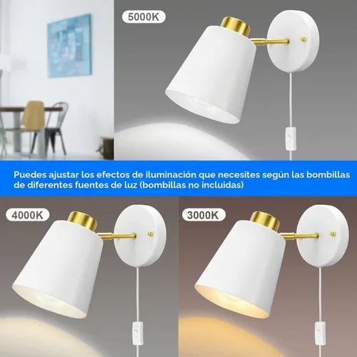 Vista 7 de Apliques de pared enchufables, lámpara de pared blanca de ángulo giratorio con cable de enchufe, luz de lectura industrial vintage de metal