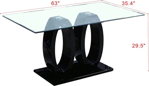 Vista 2 de Mesa de comedor rectangular moderna de vidrio, mesa de cocina de vidrio con parte superior de vidrio templado transparente y pedestal de base doble