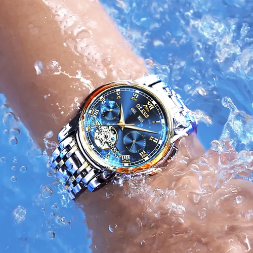 Vista 4 de OLEVS Relojes de cuerda automática para hombre vestido mecánico automático Tourbillon de acero inoxidable doble calendario impermeable luminoso