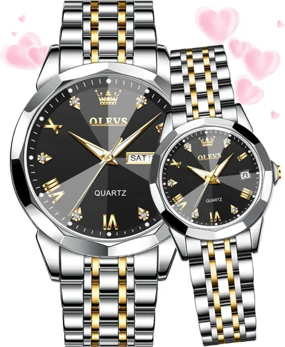 Vista 13 de OLEVS Reloj para parejas para él y ella, reloj analógico de cuarzo para hombres y mujeres, de acero inoxidable, impermeable, luminoso, fecha, reloj