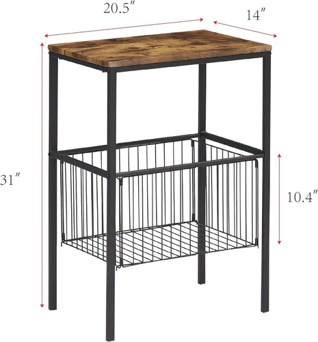 Vista 2 de VECELO Mesa auxiliar alta con cesta de metal, mesita de noche con estante organizador de almacenamiento, mesita de noche de madera con marco