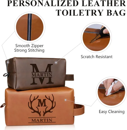 Vista 4 de Bolsa de artículos de aseo personalizada para hombres, kit de viaje de cuero con monograma personalizado para hombres, organizador de artículos