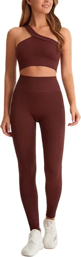 Vista 8 de Yknktstc Conjuntos de entrenamiento para mujer, brasier deportivo acanalado sin costuras, traje de 2 piezas, cintura alta, gimnasio, yoga, leggings