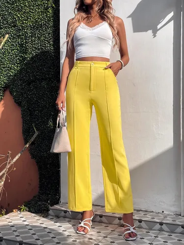 Vista 6 de Floerns Pantalones plisados de cintura alta con botones y bolsillos para mujer