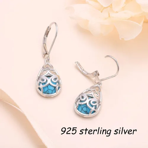 Vista 6 de Aretes colgantes de plata de ley 925 con filigrana de margarita loto rosa piedra lunarópalo palanca lágrima para mujer nudo celta infinito joyería