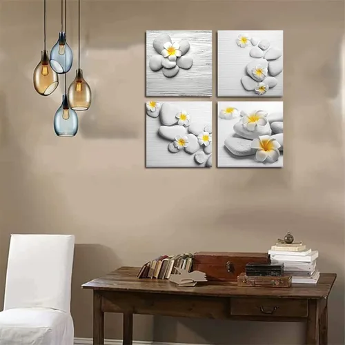 Vista 4 de Lienzo decorativo para pared, 4 piezas, decoración de baño, arte de pared, cuadros amarillos y grises, flores y piedra de guijarro, cuadros modernos