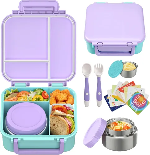 Vista 8 de Lonchera Bento para niños con contenedor térmico de sopa de 9 onzas, a prueba de fugas, 4 compartimentos con tarro de comida caliente aislado
