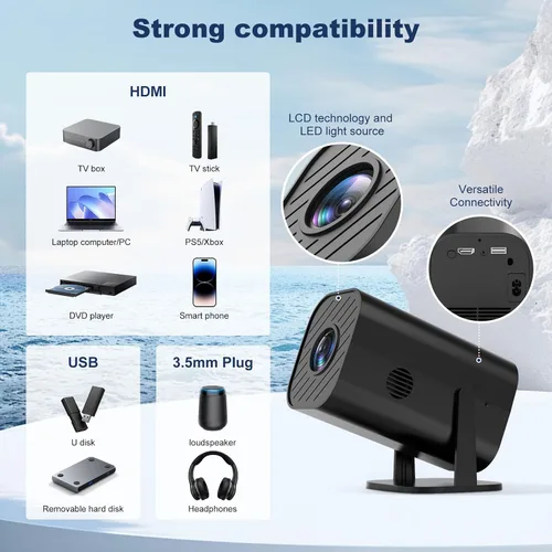 Vista 3 de Mini proyector de dormitorio, proyector de películas pequeñas (con Bluetooth y altavoz integrados), nativo 1080P, compatible con 4K, compatible