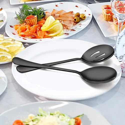 Vista 7 de LIANYU Juego de 6 cucharas y tenedores negros para servir, 8 3/4 pulgadas, acero inoxidable, para bufé, catering, fiesta, banquete, servir, tenedor