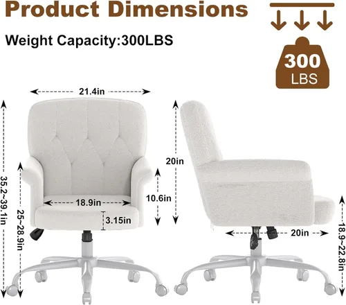 Vista 3 de Comfy - Silla de escritorio para oficina en casa, silla de tocador tapizada con ruedas y brazos, moderno asiento giratorio ajustable