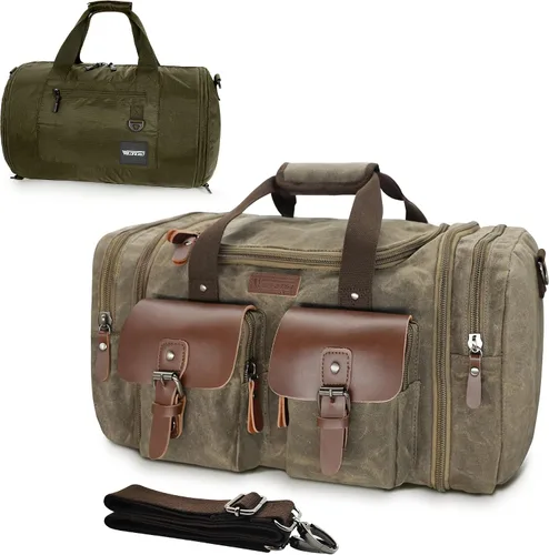 Vista 11 de Wildroad Bolsa de viaje de lona de 50L, bolsa de lona expandible de cuero genuino, bolsa de fin de semana mejorada para una noche, bolsa de mano