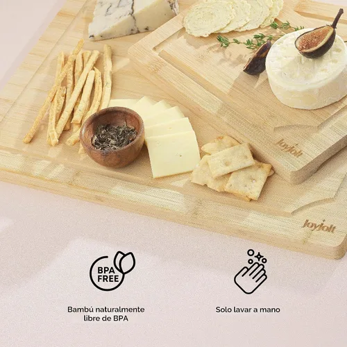 Vista 5 de JoyJolt Tablas de cortar de bambú, tabla de madera grande y pequeña, para servir queso, pan o tablas de cortar. Antideslizante