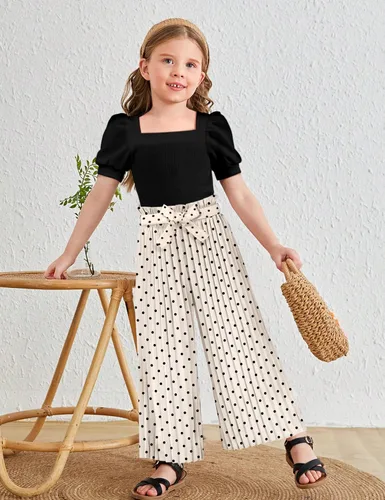 Vista 60 de DONWEN Conjunto de 3 piezas de ropa para niñas pequeñas y niñas con cuello cuadrado + pantalones elegantes + diadema para primavera y verano