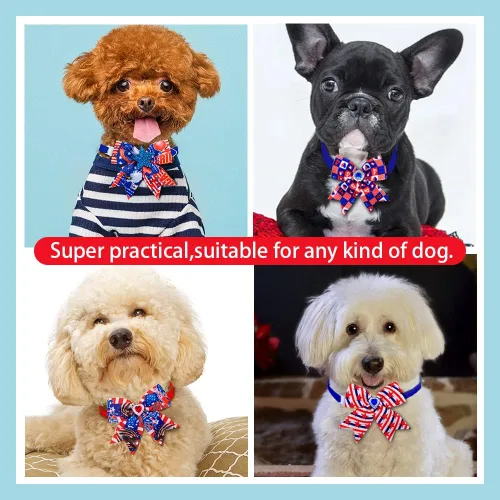 Vista 8 de 24 corbatines para perro del 4 de julio, pajarita para mascotas del Día de la Independencia, collar de rayas de estrellas ajustable, pajarita