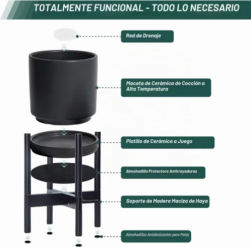 Vista 5 de D'vine Dev - Olla de cerámica con soporte de madera de ébano, negro, 8 pulgadas, 55-B-M-2