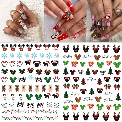 Vista 4 de 8 hojas de calcomanías navideñas para decoración de uñas, calcomanías de dibujos animados 3D con diseños de árboles de guirnalda de Navidad
