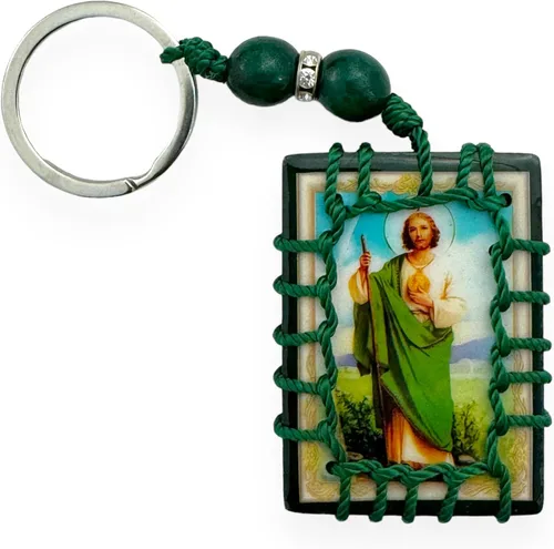 Vista 2 de Llavero rectangular de madera verde malverde con cuentas verdes, regalo de recuerdo coleccionable, llavero, Verde, Mediana