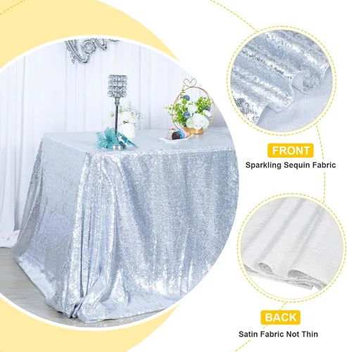 Vista 3 de Mantel de lentejuelas plateadas, mantel rectangular de 50 x 102 pulgadas, mantel rectangular de lentejuelas y tela satinada para fiestas, bodas