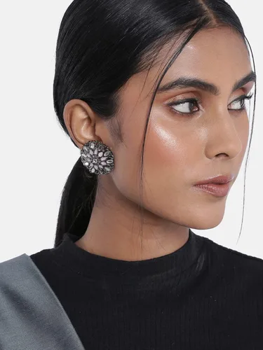 Vista 2 de I Jewels 18k Silver Oxidized Indian Wedding Bollywood Kundan Studded Meena Work Designer Circular Stud Earrings for Women(E2933Z)
