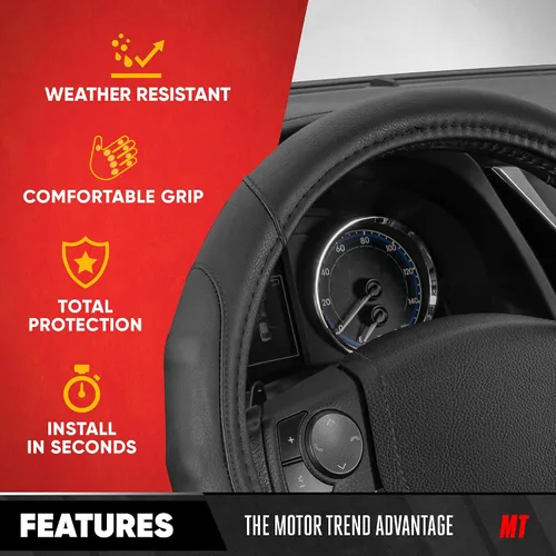 Vista 2 de Motor Trend GripDrive - Funda de cuero negro sintético para volante de automóvil, camión, camioneta, SUV, tamaño pequeño de 14 pulgadas, funda
