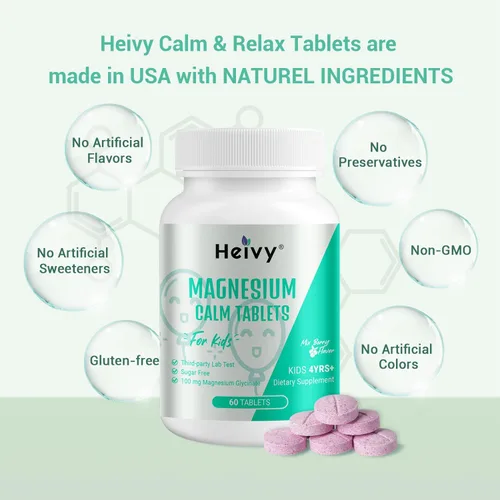 Vista 3 de Heivy Suplemento calmante para niños, contiene glicinato de magnesio y vitamina B6, ayuda a los niños a calmar y relajarse, calmar la mente