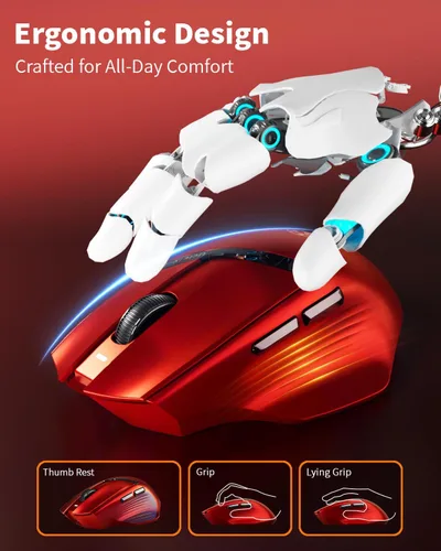 Vista 3 de Uciefy Ratón inalámbrico Bluetooth Z07, ratón recargable para ordenador Rojo