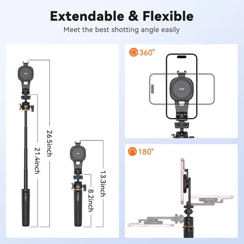 Vista 3 de VRIG - Trípode magnético para selfie stick de 21.6 pulgadas con control remoto inalámbrico, trípode extensible para teléfono Magsafe para iPhone 16