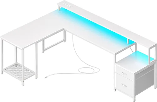 Vista 13 de PRAISUN Escritorio para juegos en forma de L de 66 pulgadas con luces LED y Negro