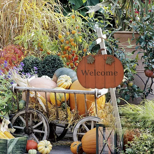 Vista 5 de Linfevisi Letrero de madera con diseño de calabaza para colgar en la puerta de otoño, para puerta de otoño, decoración de pared, decoración