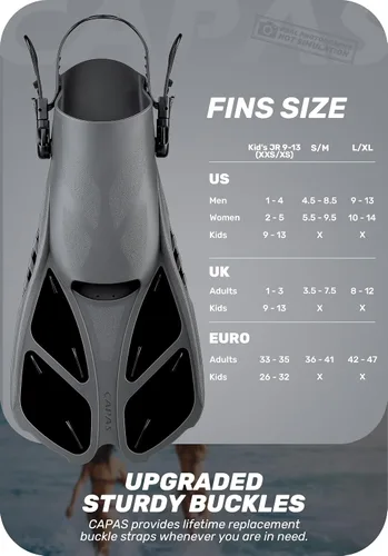 Vista 2 de CAPAS - Aletas de natación de talón abierto, tamaño de viaje, cortas, ajustables para buceo, adultos, hombres, mujeres y niños