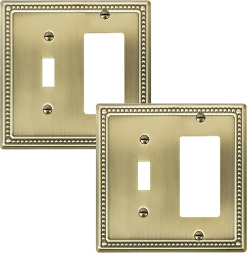 Vista 21 de Paquete de 2 Placas de Cubierta Combinadas para Interruptor de Palanca/Dúplex, Placa de Cubierta de Enchufe de Pared de Metal de Latón Antiguo